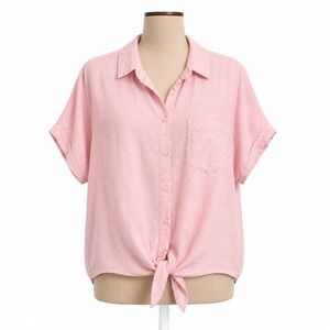 Linen Cotton Tie Front Short Sleeve Button Shirt Size S Baby Pink Coastal Beach